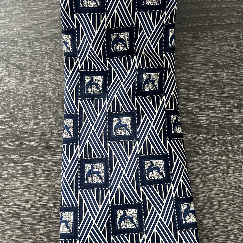 LANVIN PARIS Blue Geometric Men’s Silk Tie Made In France 59x 3.75